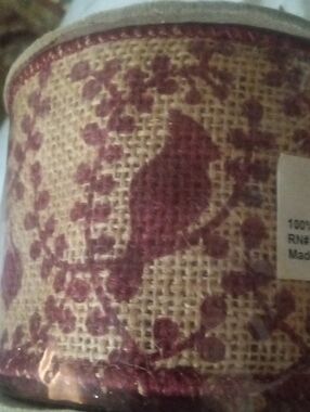 100% Jute Ribbon Red And Brown With Birds And Christmas ornaments. Wired Edge